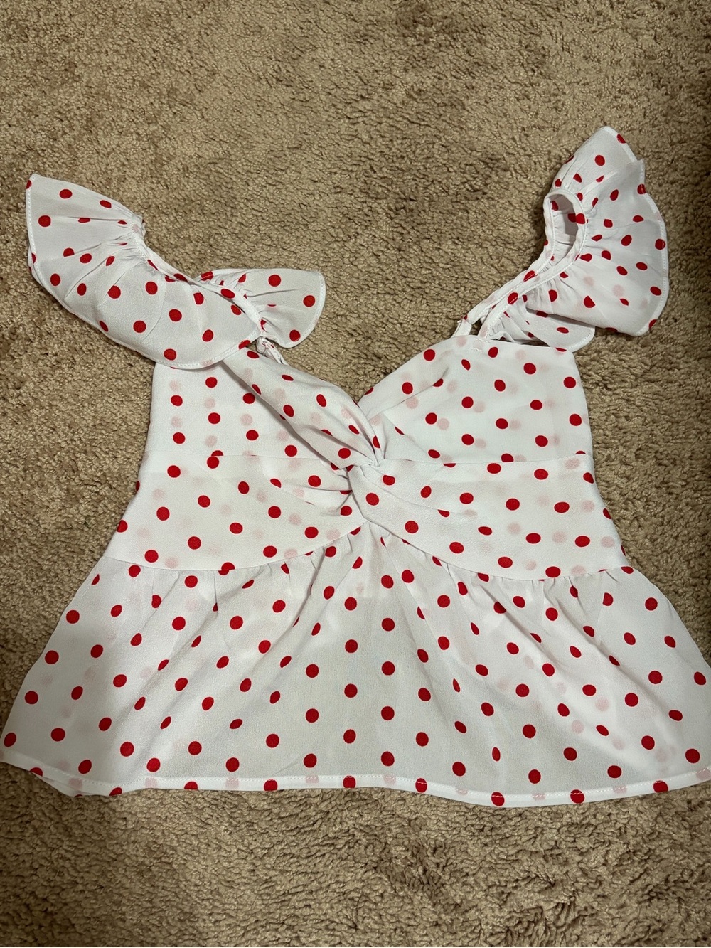 White Red Polka Dot Ruffle Tank Top Size S (179)